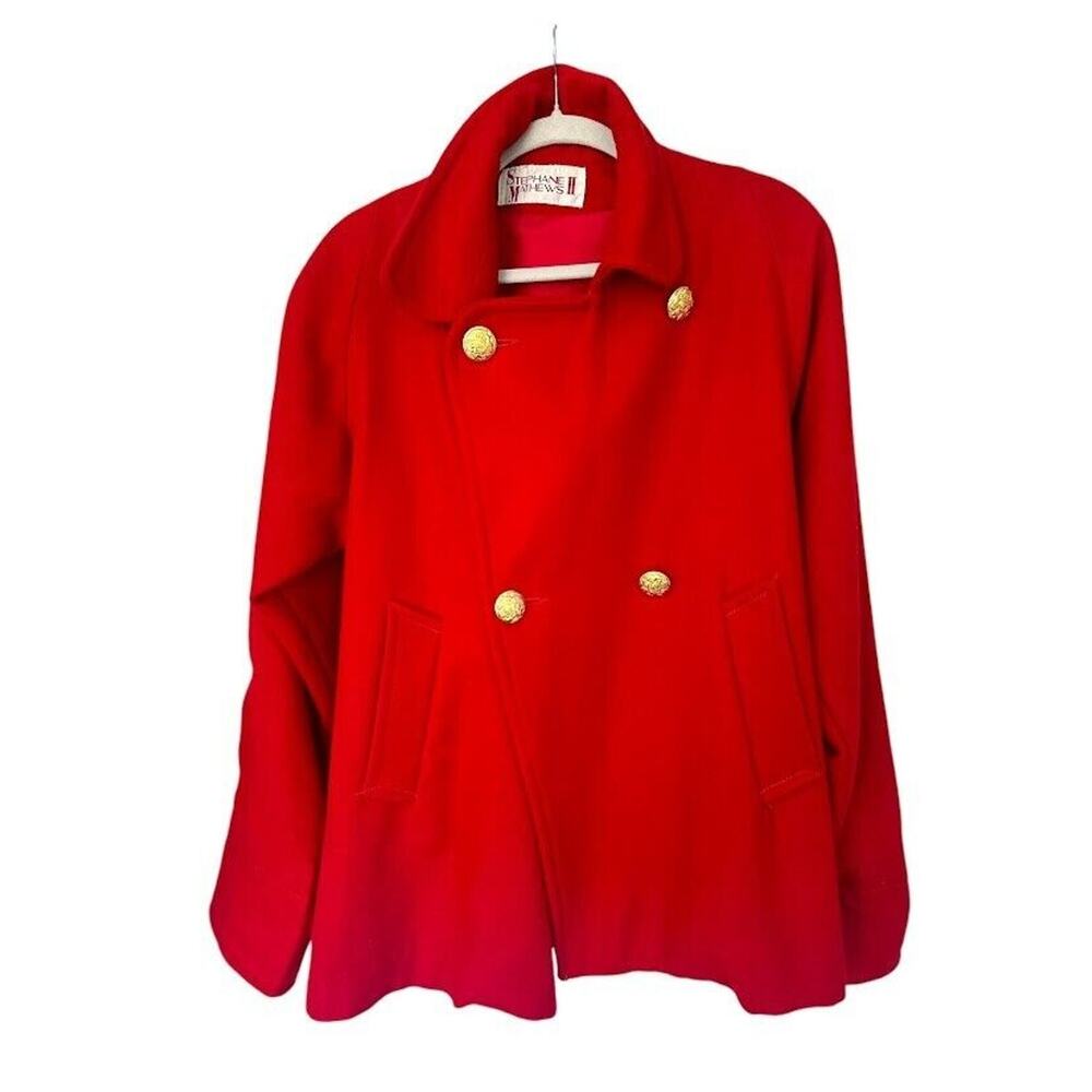 Stephane Mathews II Vintage Red Wool Blend Pea Coat Gold Button Womens Size 8‎